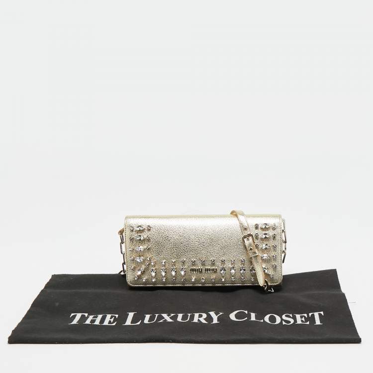 Pre Owned Miu Miu Gold Madras Ricamo Leather Crystal Embellished Chain Clutch