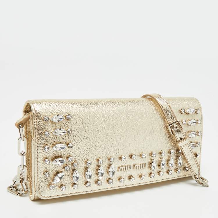 Pre Owned Miu Miu Gold Madras Ricamo Leather Crystal Embellished Chain Clutch