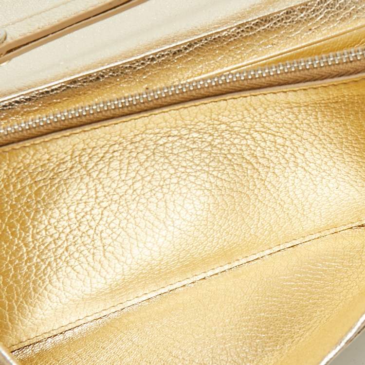 Pre Owned Miu Miu Gold Madras Ricamo Leather Crystal Embellished Chain Clutch