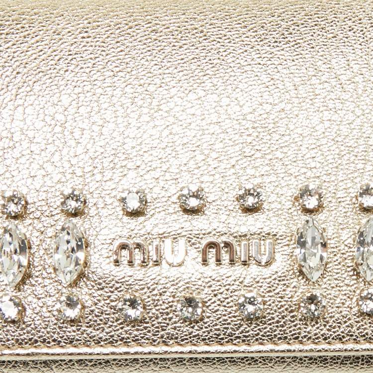 Pre Owned Miu Miu Gold Madras Ricamo Leather Crystal Embellished Chain Clutch