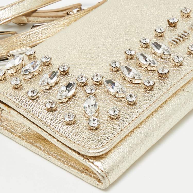 Pre Owned Miu Miu Gold Madras Ricamo Leather Crystal Embellished Chain Clutch