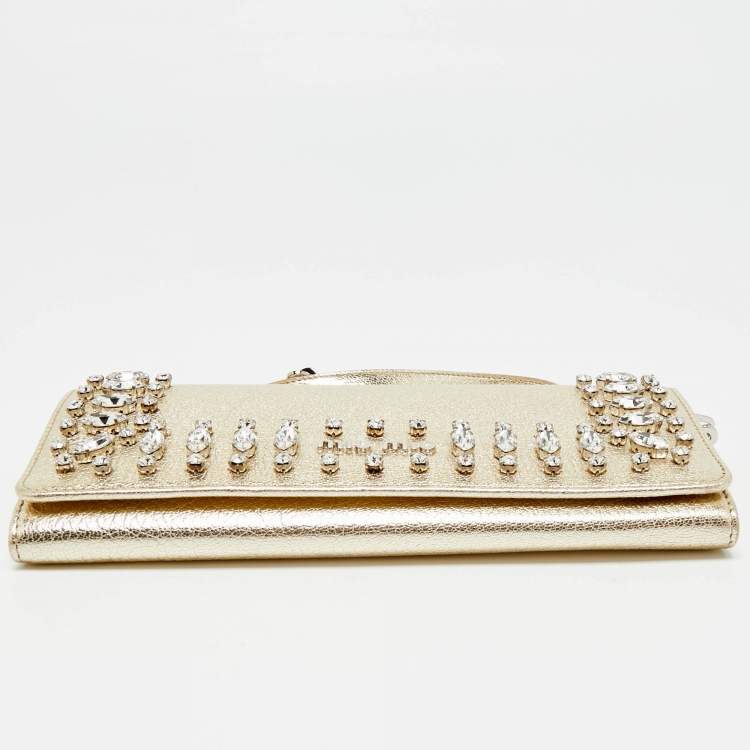 Pre Owned Miu Miu Gold Madras Ricamo Leather Crystal Embellished Chain Clutch