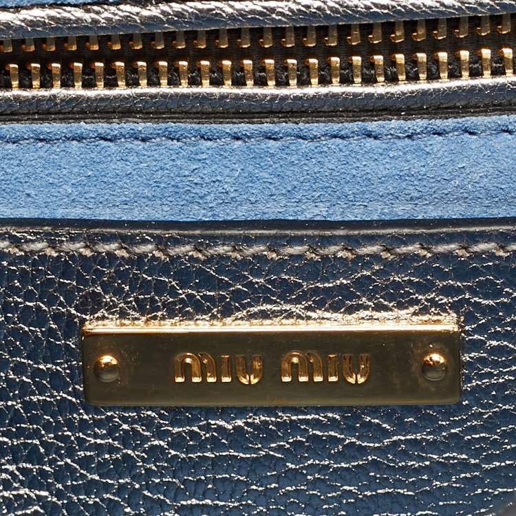 Pre Owned Miu Miu Silver/Blue Denim and Madras Leather Pushlock Top Handle Bag