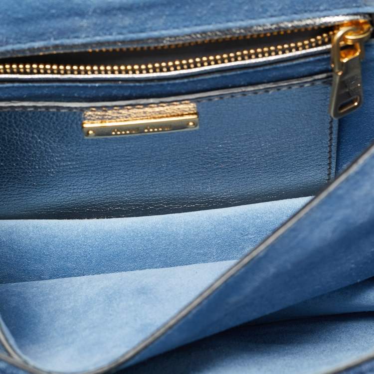 Pre Owned Miu Miu Silver/Blue Denim and Madras Leather Pushlock Top Handle Bag