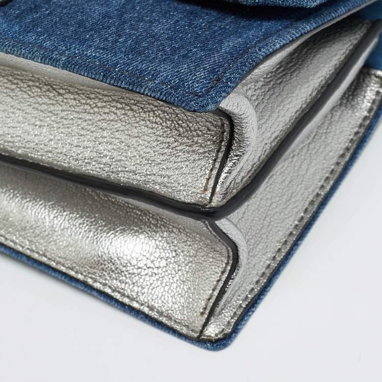 Pre Owned Miu Miu Silver/Blue Denim and Madras Leather Pushlock Top Handle Bag