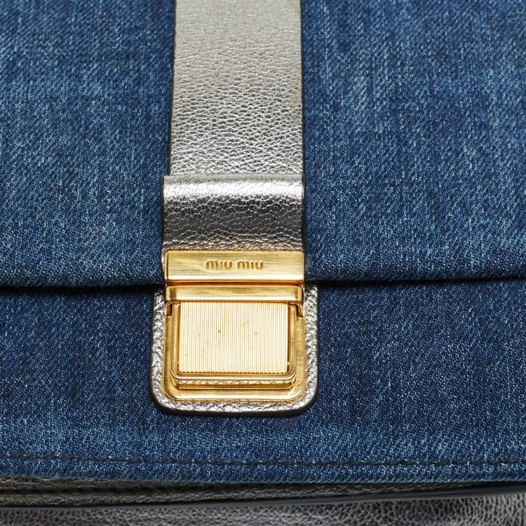 Pre Owned Miu Miu Silver/Blue Denim and Madras Leather Pushlock Top Handle Bag