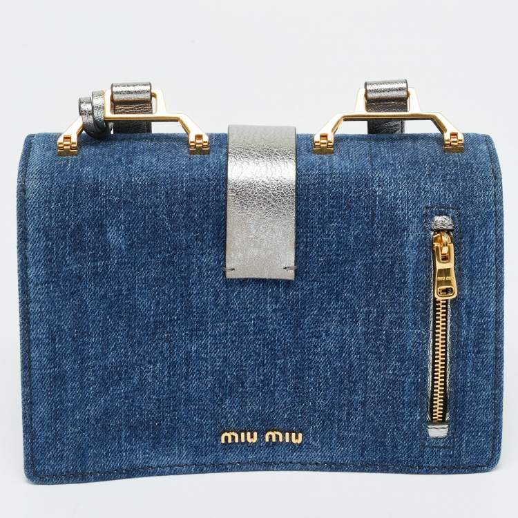Pre Owned Miu Miu Silver/Blue Denim and Madras Leather Pushlock Top Handle Bag