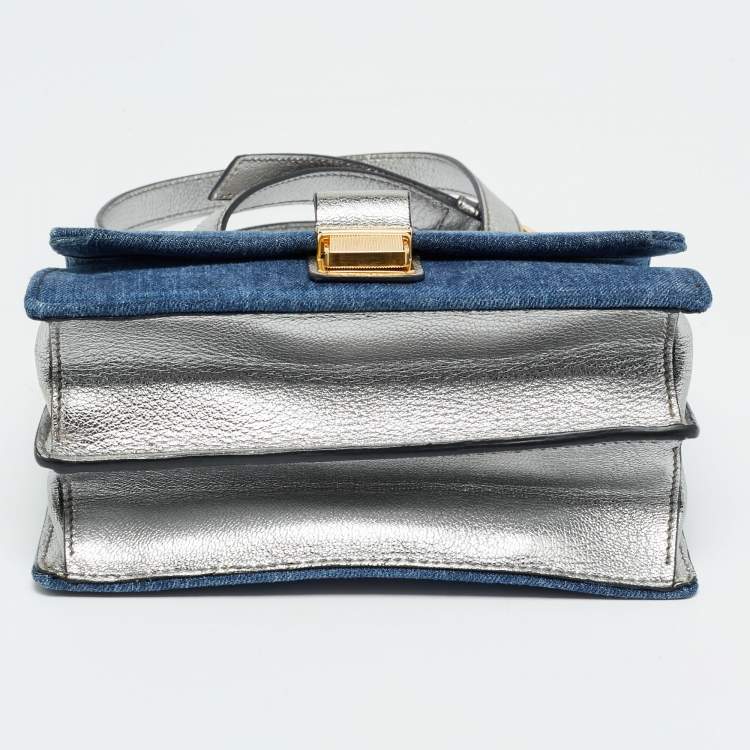 Pre Owned Miu Miu Silver/Blue Denim and Madras Leather Pushlock Top Handle Bag