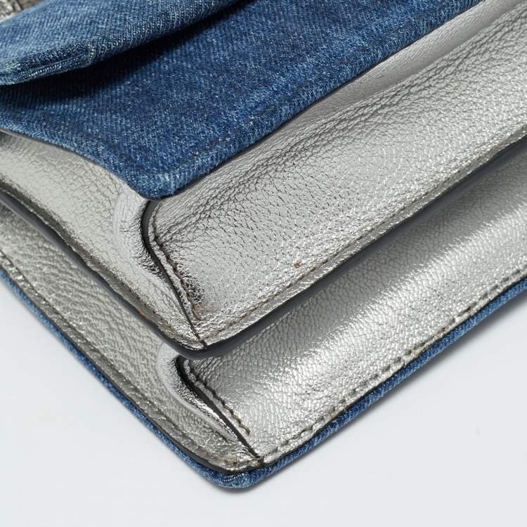 Pre Owned Miu Miu Silver/Blue Denim and Madras Leather Pushlock Top Handle Bag