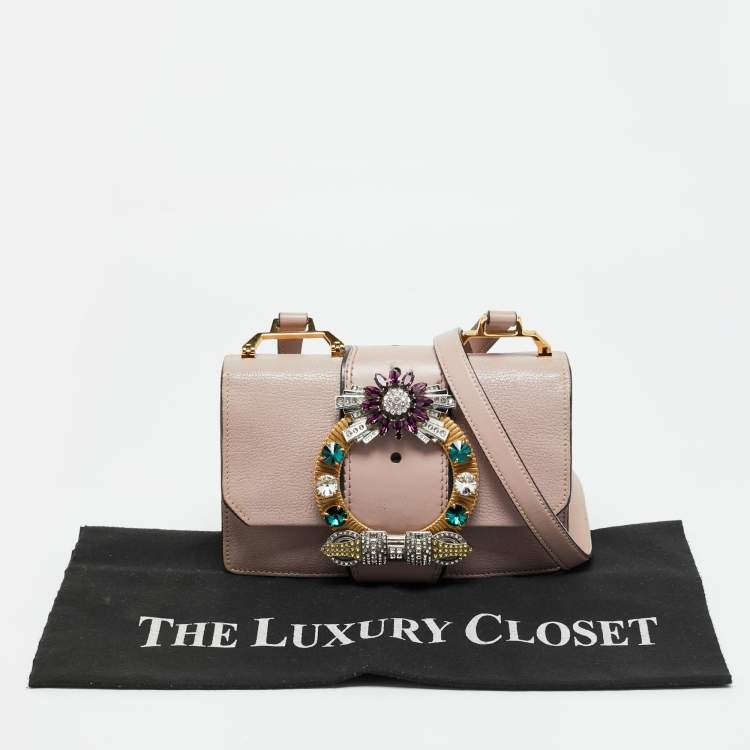 Pre Owned Miu Miu Pink Madras Leather Crystals Embellished Flap Shoulder Bag