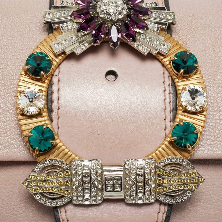 Pre Owned Miu Miu Pink Madras Leather Crystals Embellished Flap Shoulder Bag