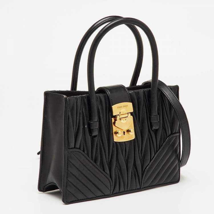 Pre Owned Miu Miu Matelassé Push Lock Black Leather Tote