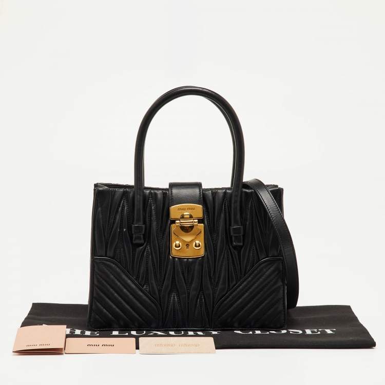 Pre Owned Miu Miu Matelassé Push Lock Black Leather Tote