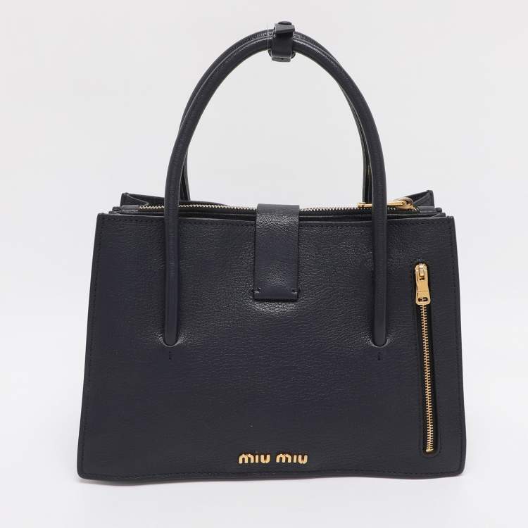 Pre Owned Miu Miu Push Lock Navy Blue Leather Satchel