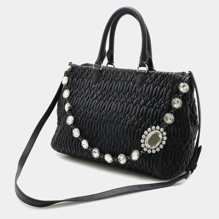 Pre Owned Miu Miu Miu Matelasse Nappa Crystal Gathered Handbag Shoulder Leather Black