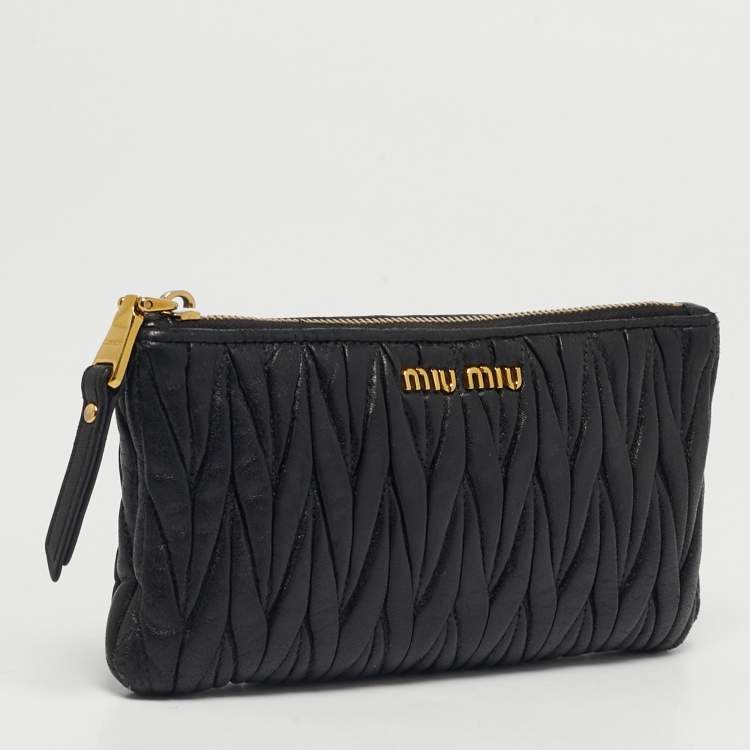 Pre Owned Miu Miu Black Matelassé Leather Zip Pouch
