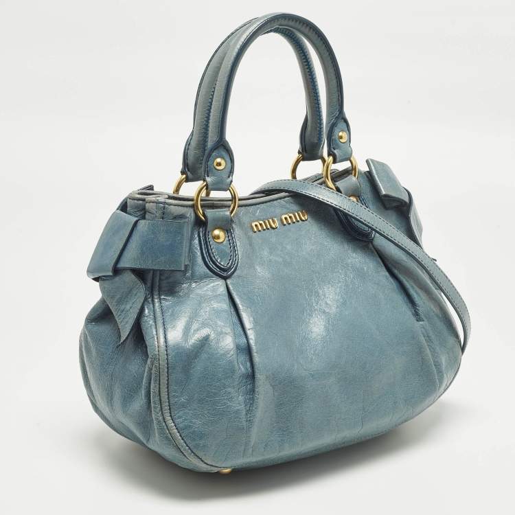 Pre Owned Miu Miu Blue Vitelllo Lux Leather Satchel