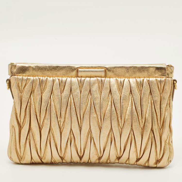 Pre Owned Miu Miu Gold Matelasse Leather Frame Strap Clutch