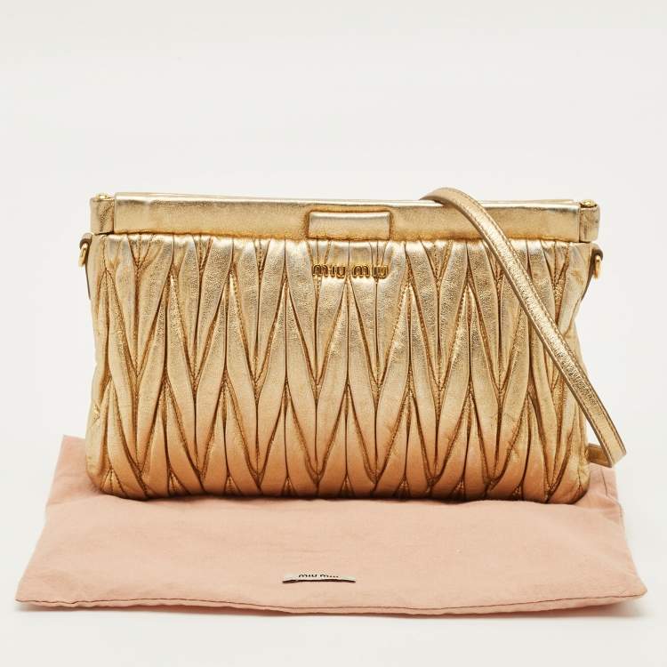 Pre Owned Miu Miu Gold Matelasse Leather Frame Strap Clutch