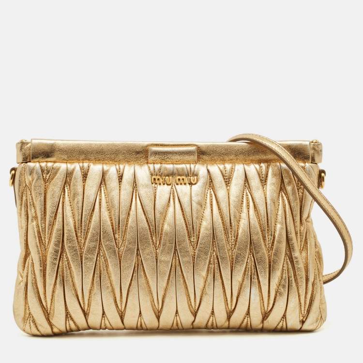 Pre Owned Miu Miu Gold Matelasse Leather Frame Strap Clutch