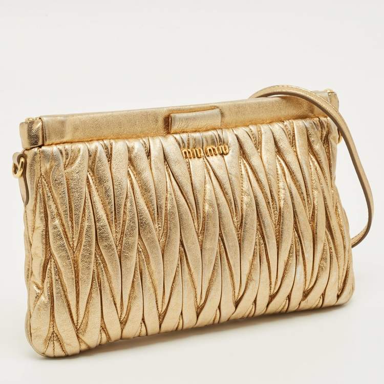 Pre Owned Miu Miu Gold Matelasse Leather Frame Strap Clutch