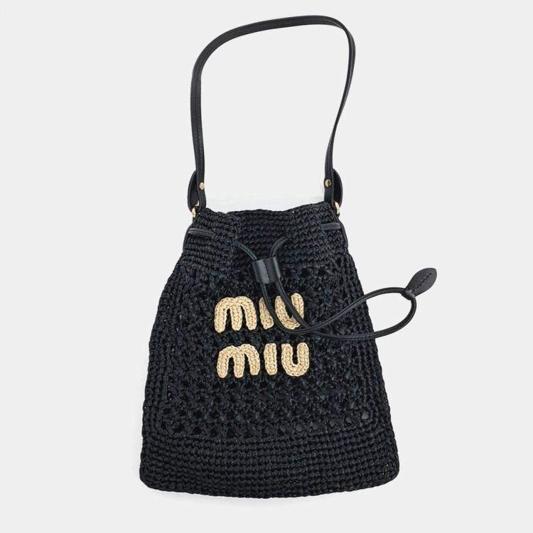 Pre Owned Miu Miu Black Leather and Raffia Woven Fabric Mini Bag