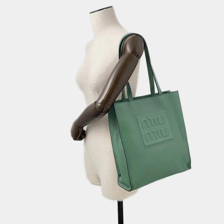 Pre Owned Miumiu Madras 2-Way Tote Bag Green Leather