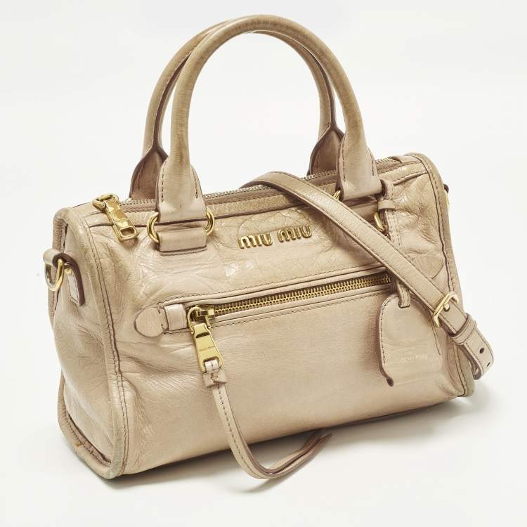 Pre Owned Miu Miu Bauletto Beige Vitello Shine Leather Satchel