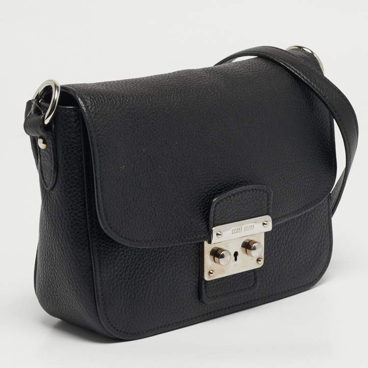 Pre Owned Miu Miu Pushlock Flap Black Leather Crossbody Bag