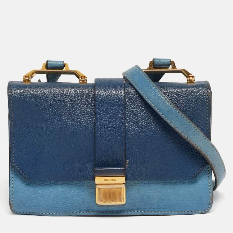 Pre Owned Miu Miu Two Tone Blue Madras Leather Flap Crossbody Bag