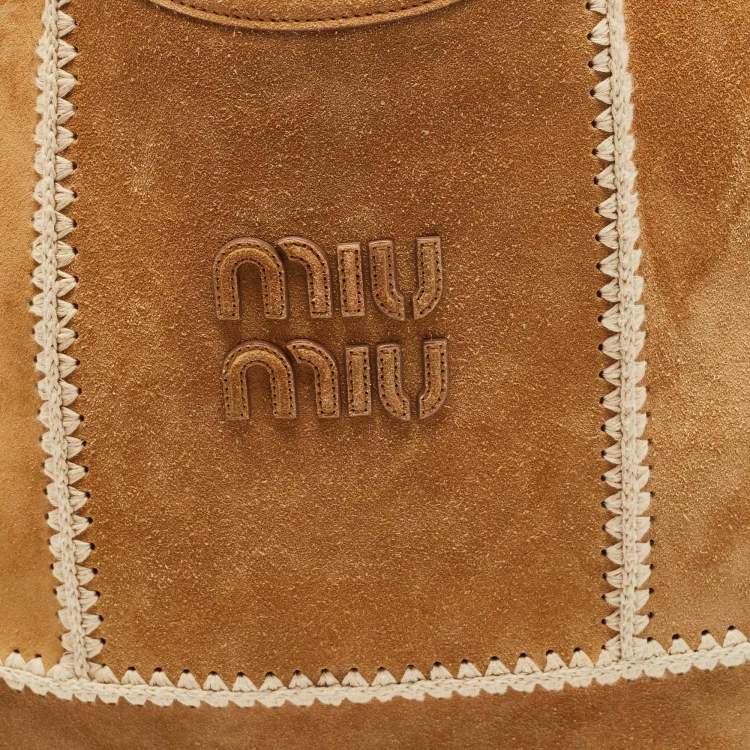 Pre Owned Miu Miu Beige/Off White Suede and Crochet Ivy Bag
