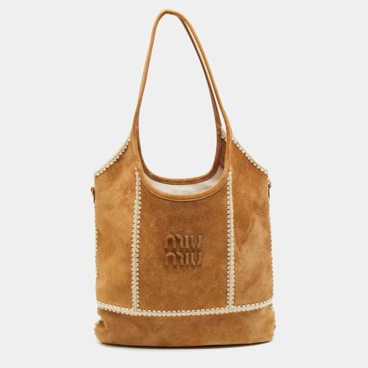 Pre Owned Miu Miu Beige/Off White Suede and Crochet Ivy Bag