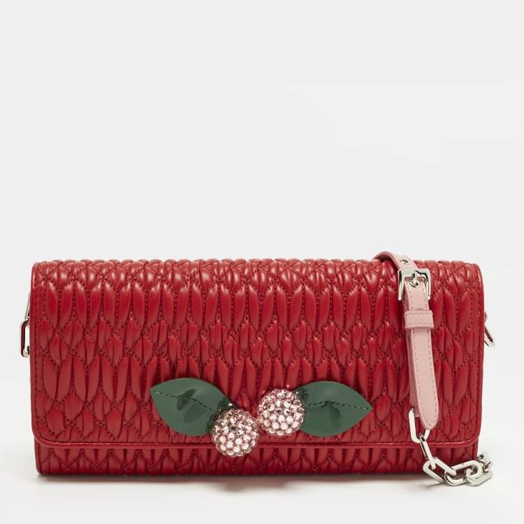 Pre Owned Miu Miu Crystal Embellished Red Matelassé Leather Wallet On Chain
