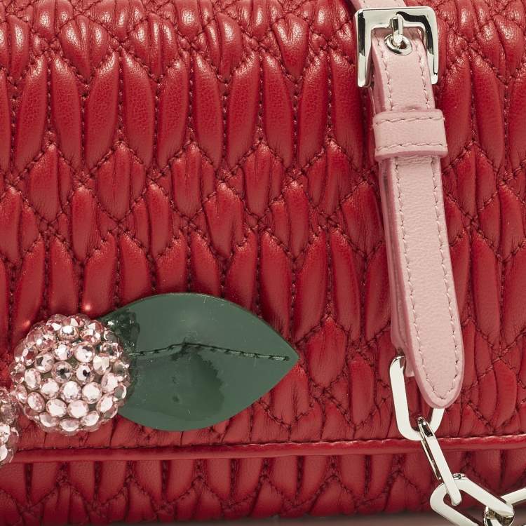 Pre Owned Miu Miu Crystal Embellished Red Matelassé Leather Wallet On Chain