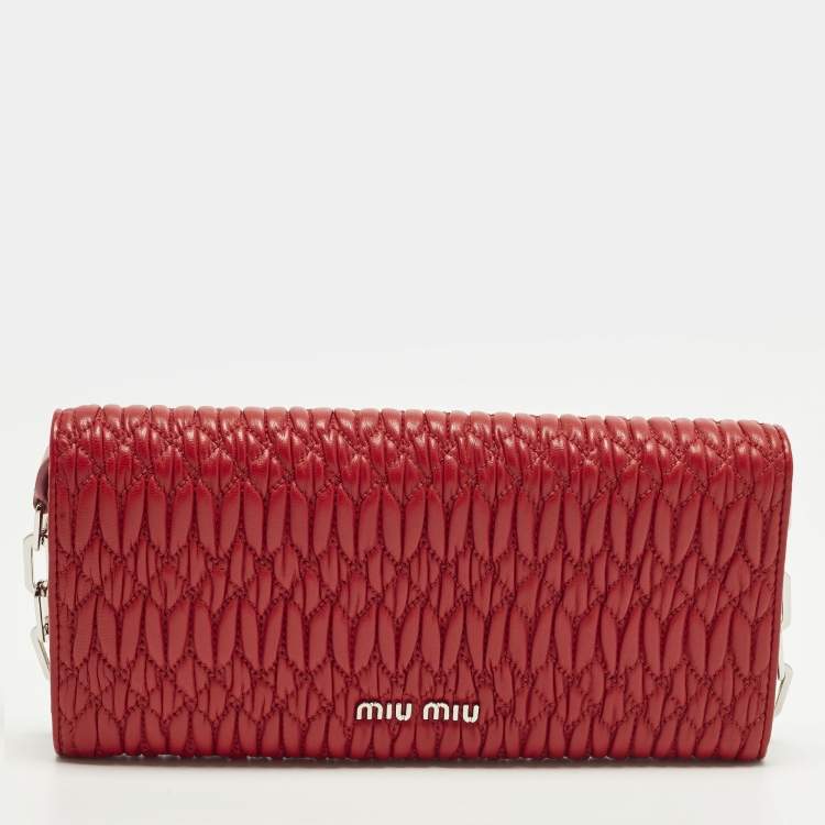 Pre Owned Miu Miu Crystal Embellished Red Matelassé Leather Wallet On Chain