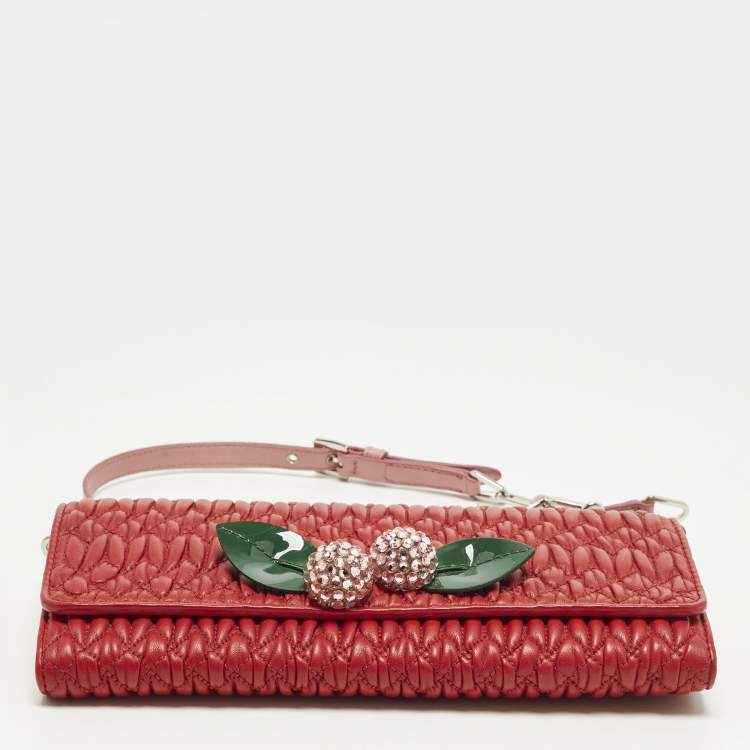 Pre Owned Miu Miu Crystal Embellished Red Matelassé Leather Wallet On Chain