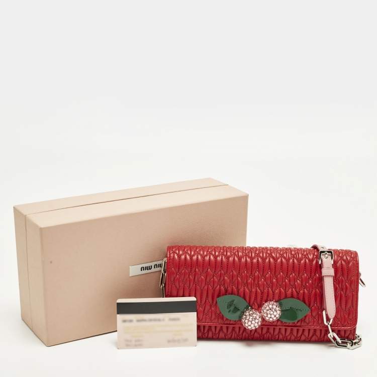 Pre Owned Miu Miu Crystal Embellished Red Matelassé Leather Wallet On Chain