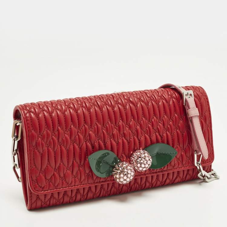 Pre Owned Miu Miu Crystal Embellished Red Matelassé Leather Wallet On Chain