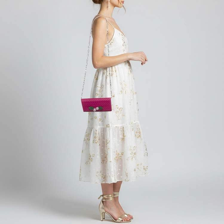 Pre Owned Miu Miu Crystal Embellished Red Matelassé Leather Wallet On Chain