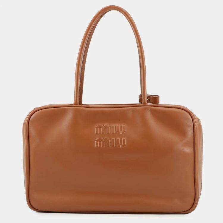 Pre Owned Miumiu Bo Bag Cognac Leather Size Large