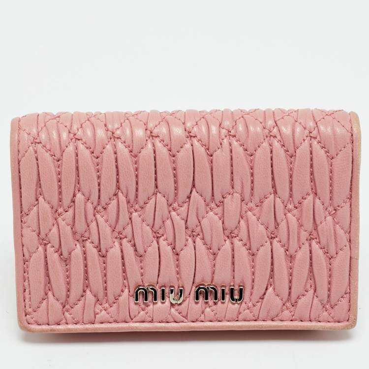 Pre Owned Miu Miu Crystal Embellished Pink Matelassé Leather Flap Card Case