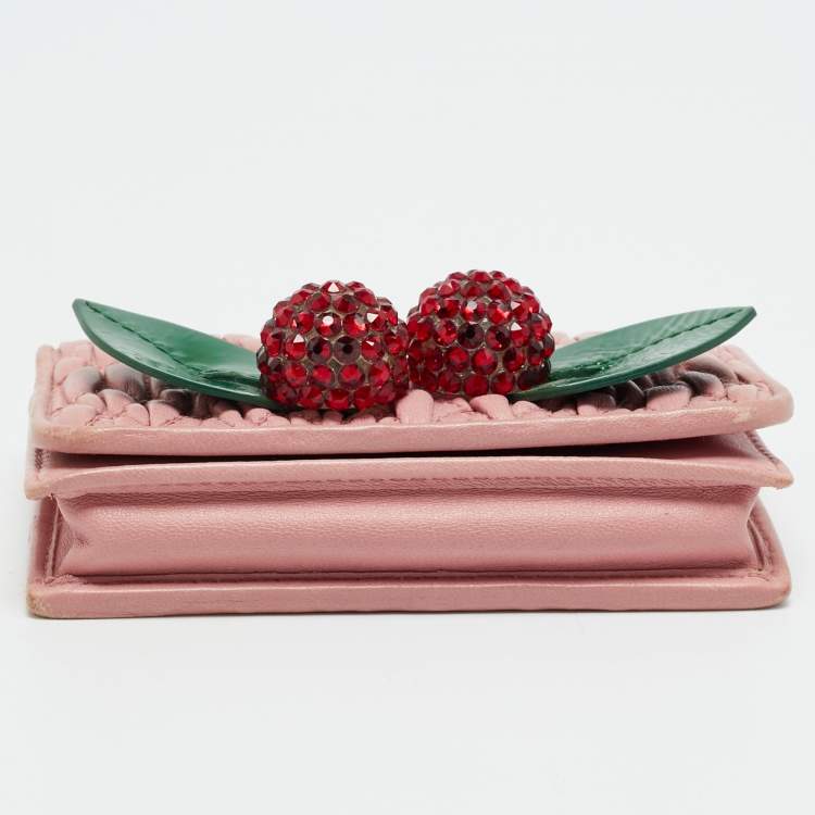 Pre Owned Miu Miu Crystal Embellished Pink Matelassé Leather Flap Card Case