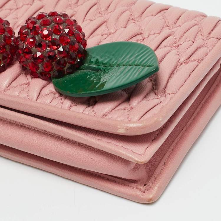 Pre Owned Miu Miu Crystal Embellished Pink Matelassé Leather Flap Card Case