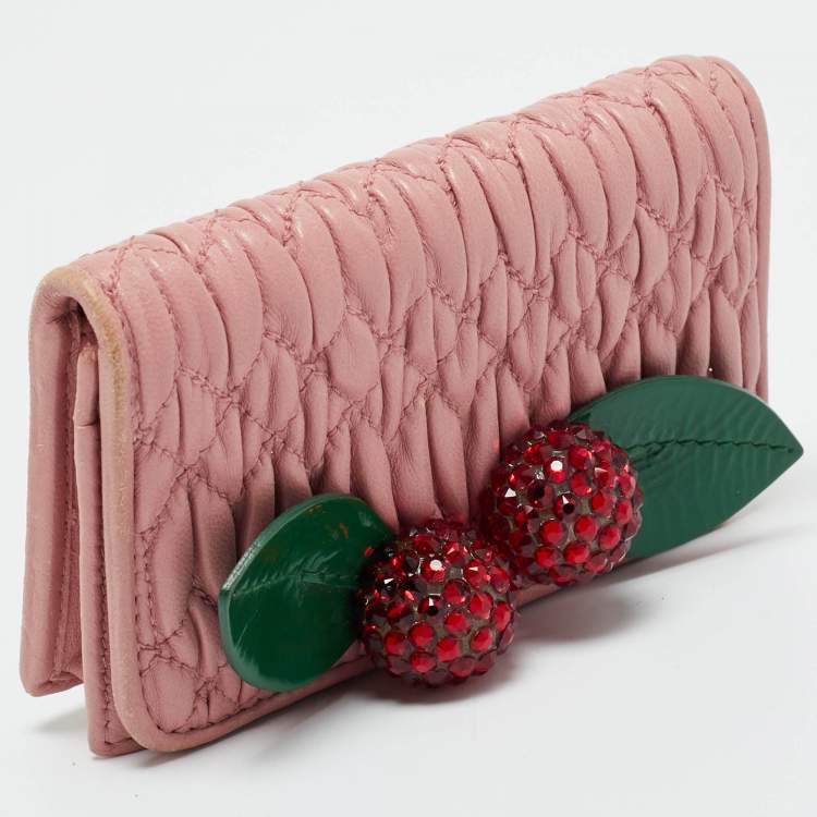 Pre Owned Miu Miu Crystal Embellished Pink Matelassé Leather Flap Card Case