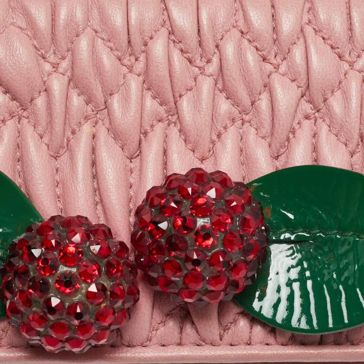 Pre Owned Miu Miu Crystal Embellished Pink Matelassé Leather Flap Card Case