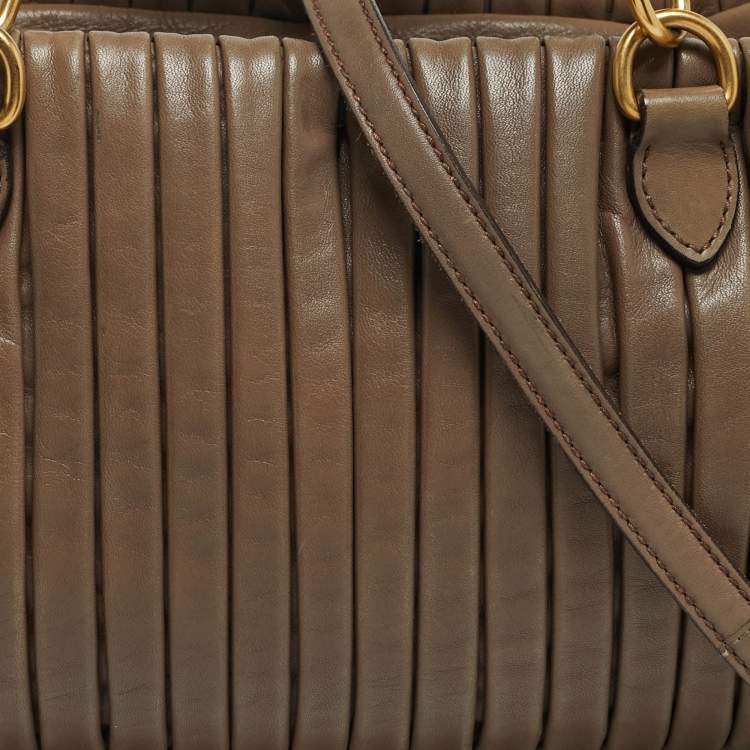 Pre Owned Miu Miu Pleated Dark Beige Leather Satchel