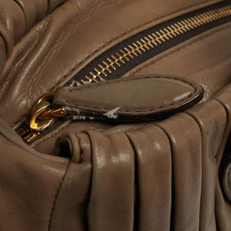Pre Owned Miu Miu Pleated Dark Beige Leather Satchel