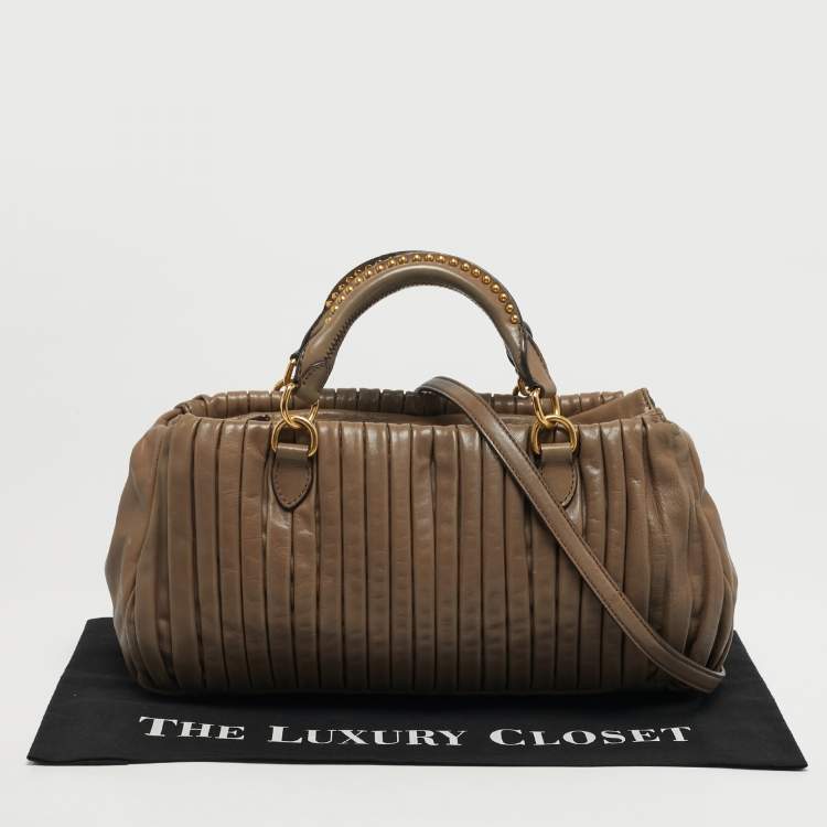 Pre Owned Miu Miu Pleated Dark Beige Leather Satchel