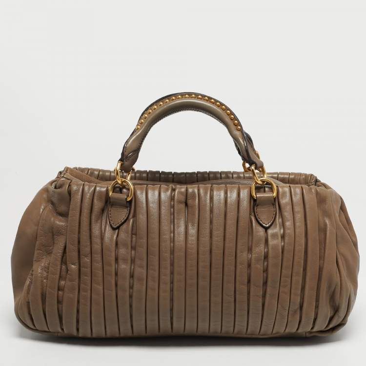 Pre Owned Miu Miu Pleated Dark Beige Leather Satchel