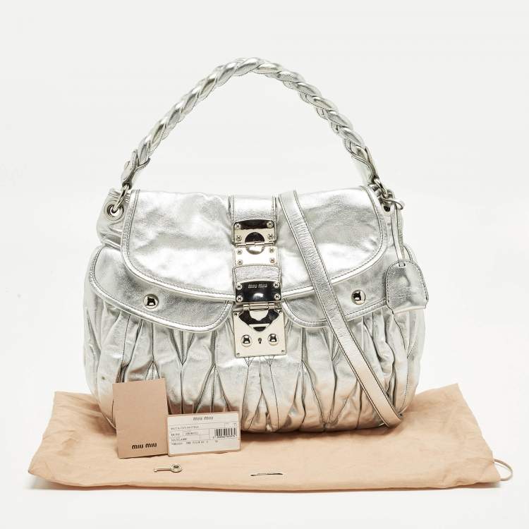 Pre Owned Miu Miu Coffer Silver Matelassé Leather Hobo